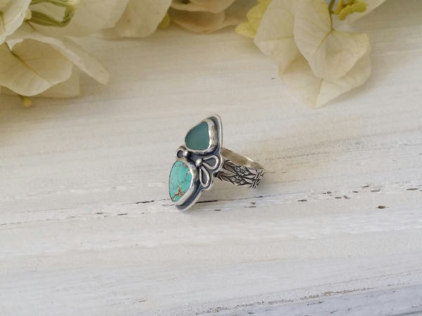 Sterling silver seaglass and turquoise ring