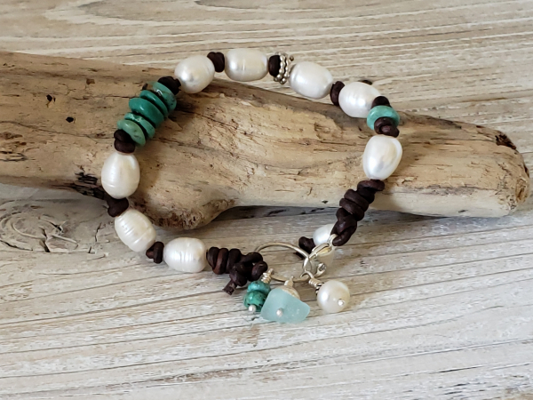 seaglass charms leather and pearl bracelet