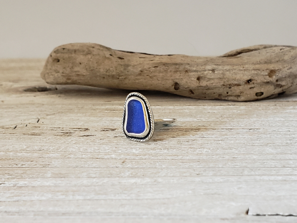 sterling silver and blue seaglass ring