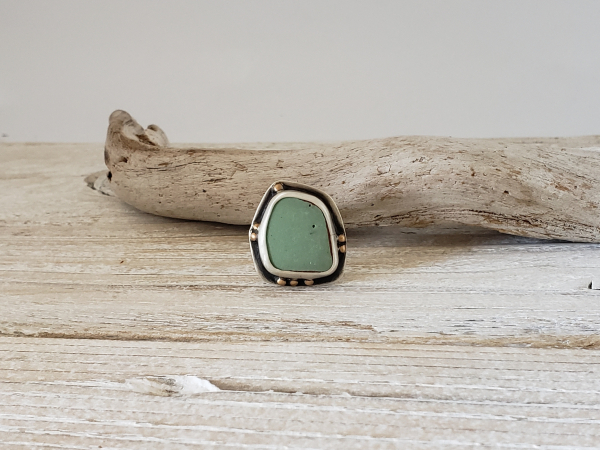 green ring made with sea pottery and sterling silver