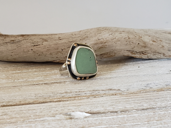 sage color sea pottery piece sterling silver ring