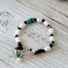 turquoise bracelet pearl and leather bracelet